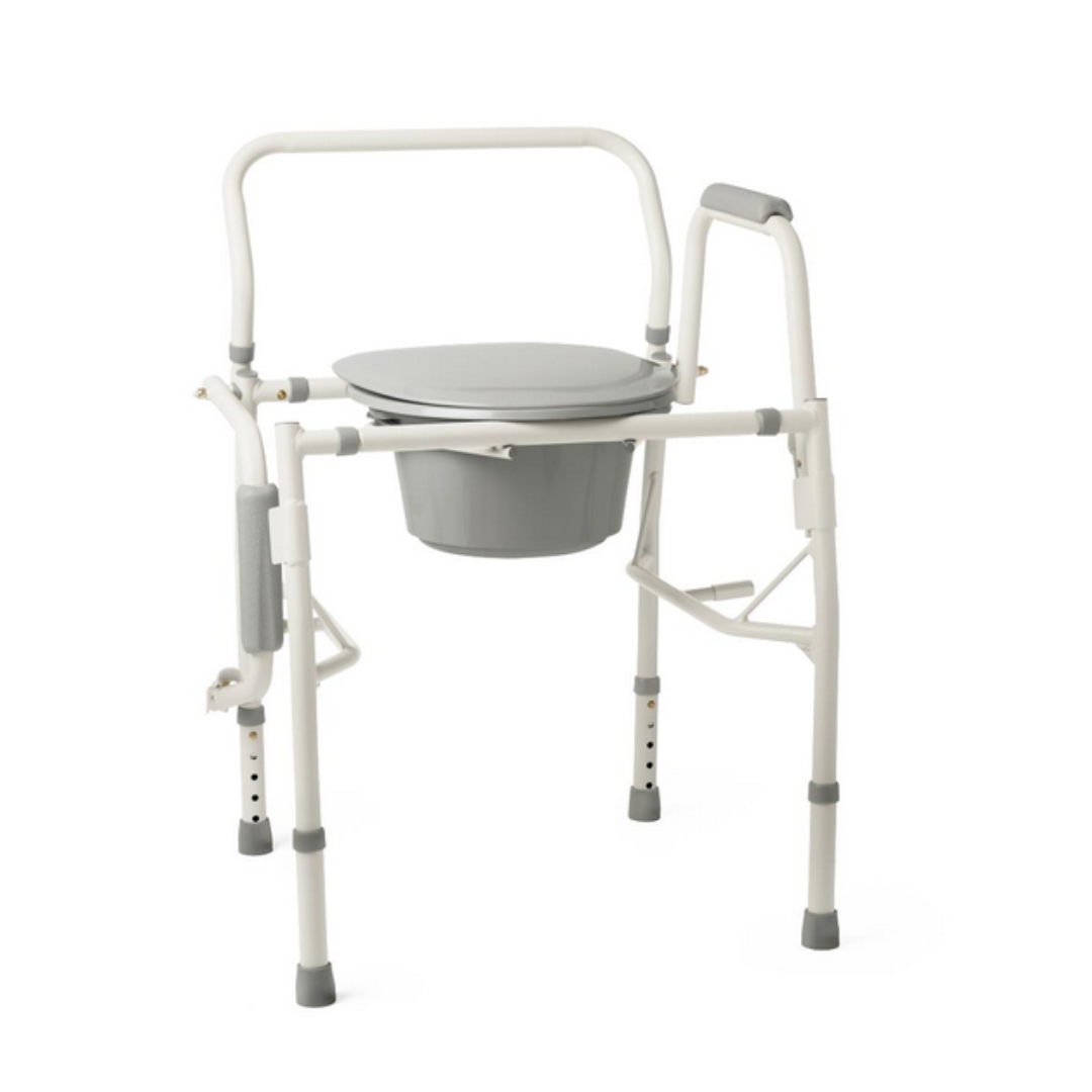 The Medline Steel Drop-Arm Bedside Commode features adjustable legs, a padded seat, and armrests for comfort. Its drop-arm design ensures easy mobility and includes a gray removable bucket.